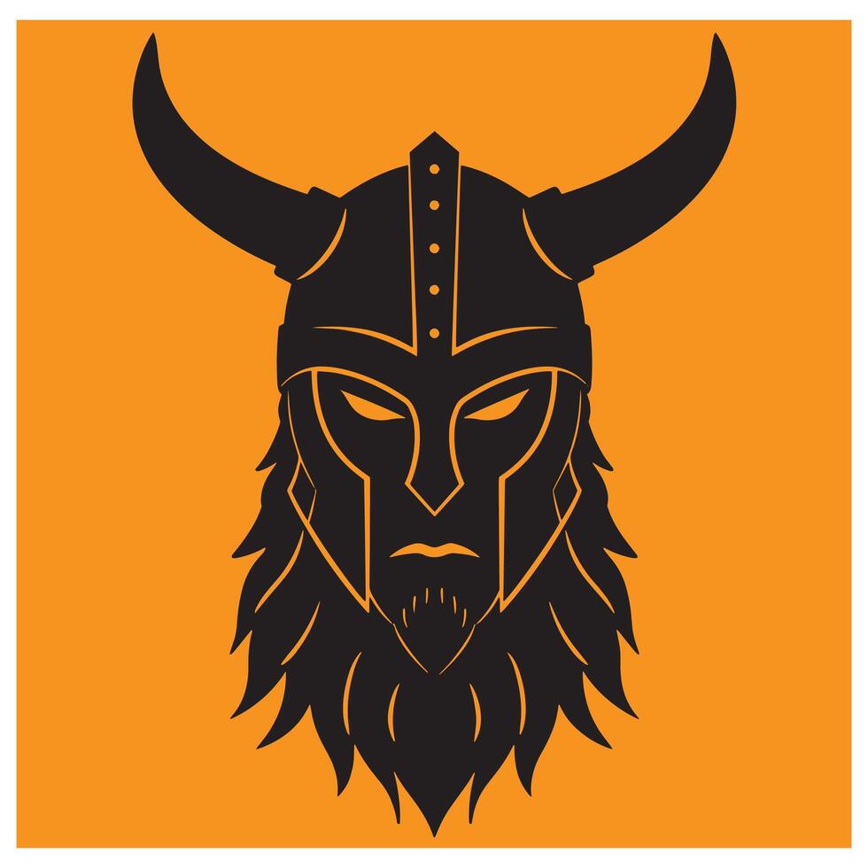 Bold black viking warrior helmet illustration against a warm orange background vector