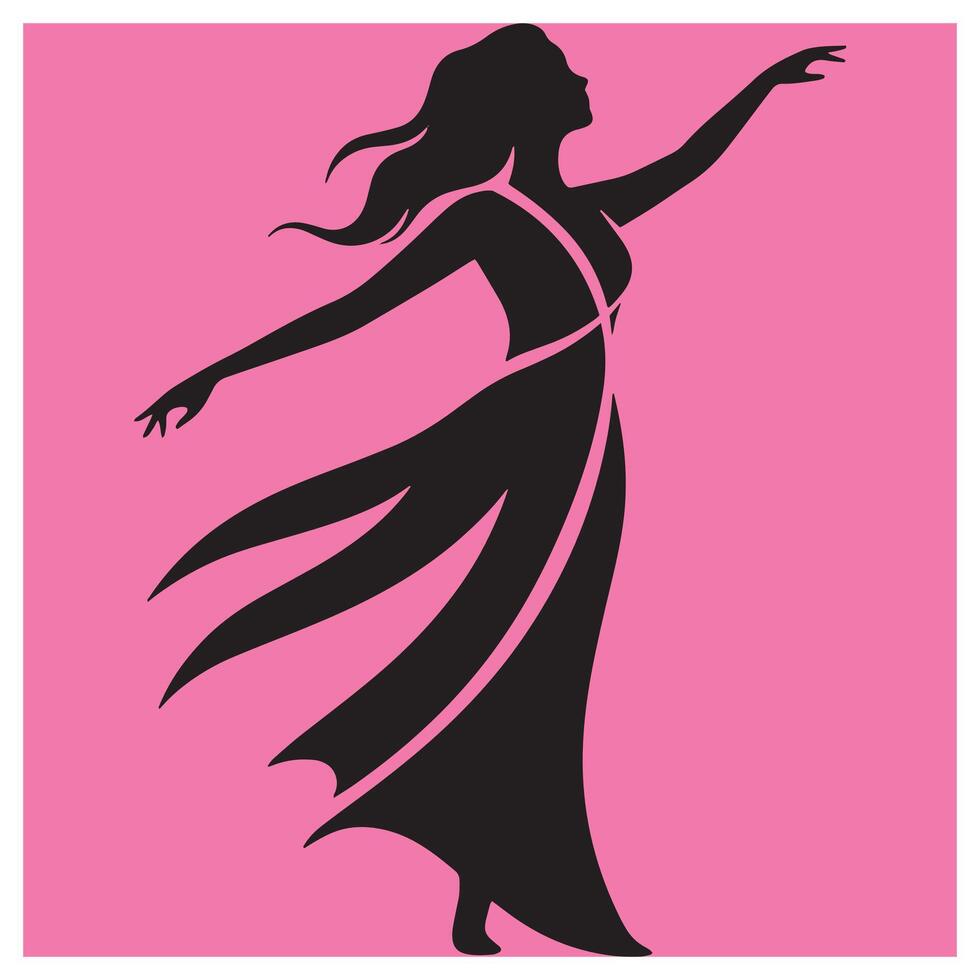 Silhouette of a dancing woman in an elegant dress with a pink background illustration vector