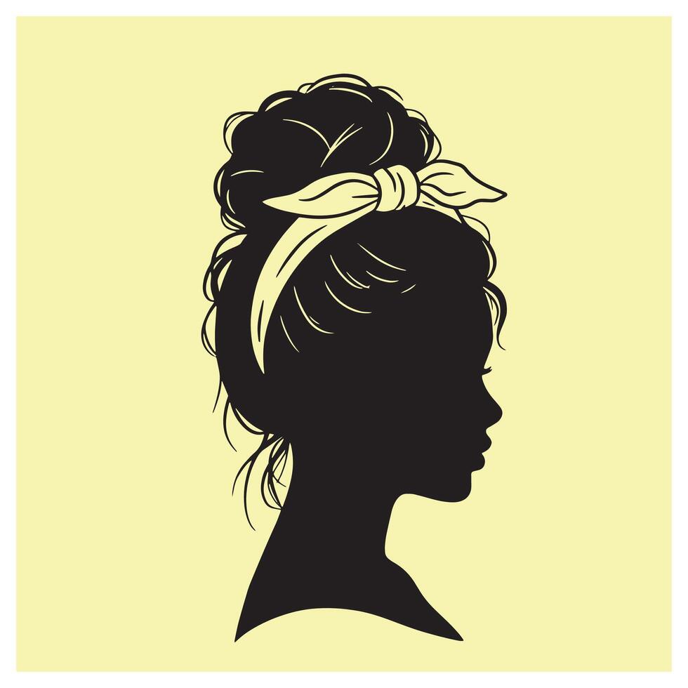 Silhouette of a woman wearing a bandana with her hair up in a stylish bun. vector