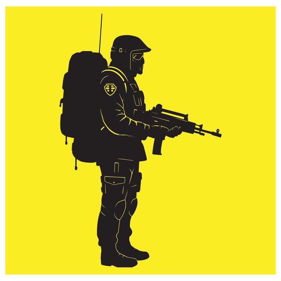 Silhouette illustration of a soldier carrying weaponry and backpack on a yellow background vector