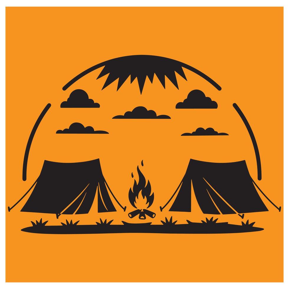 Camping scene silhouette featuring tents bonfire clouds and nature elements on orange background vector