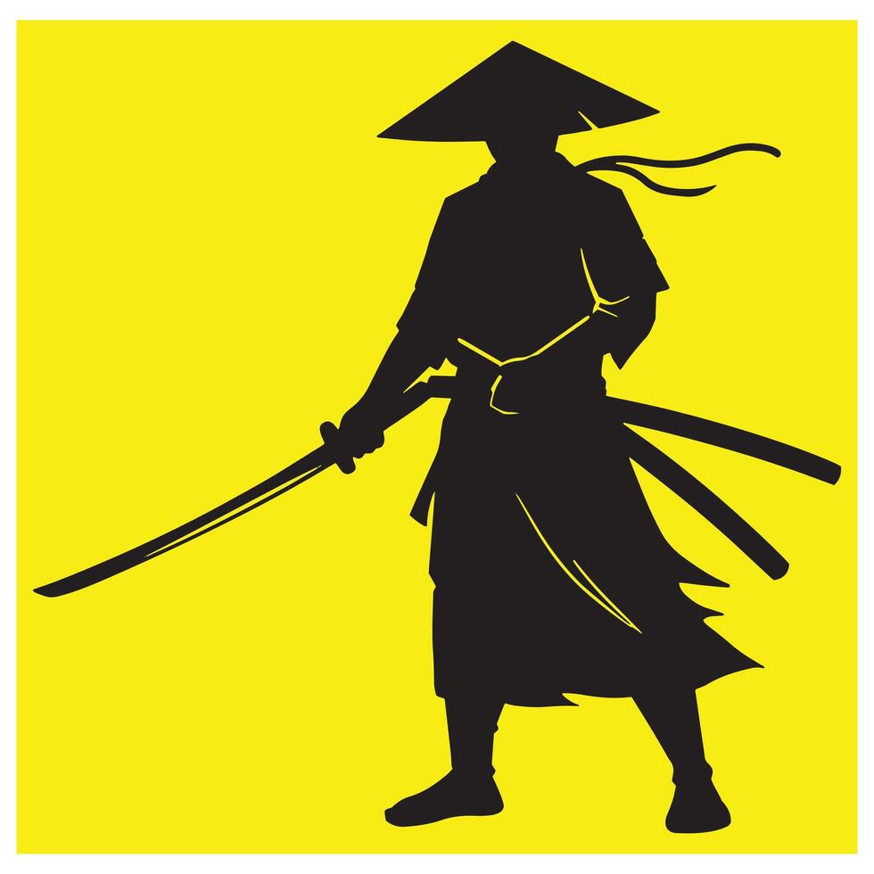 Silhouette of a samurai warrior holding katana against a bright yellow background vector