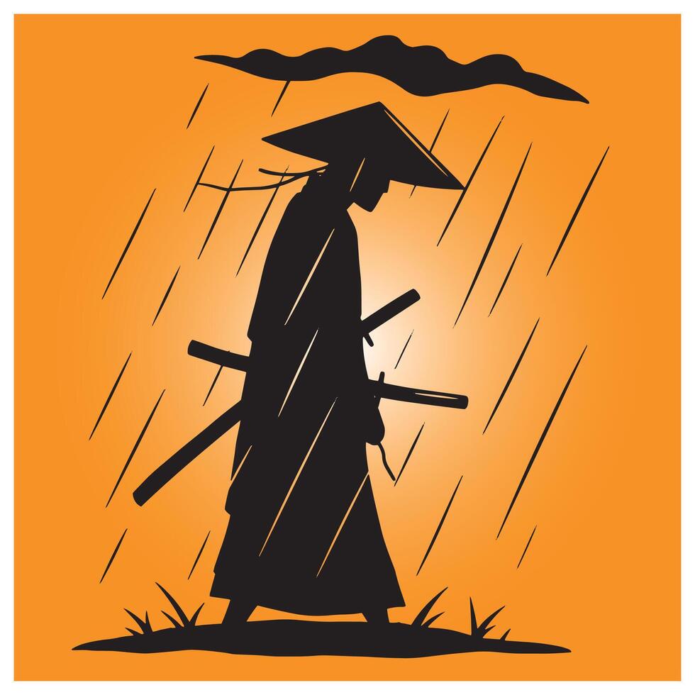 Silhouette of a samurai warrior walking in the rain with swords orange background vector