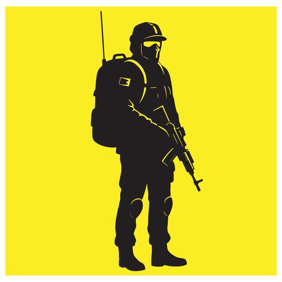Silhouette illustration of a soldier with a rifle and backpack against a bright yellow background vector
