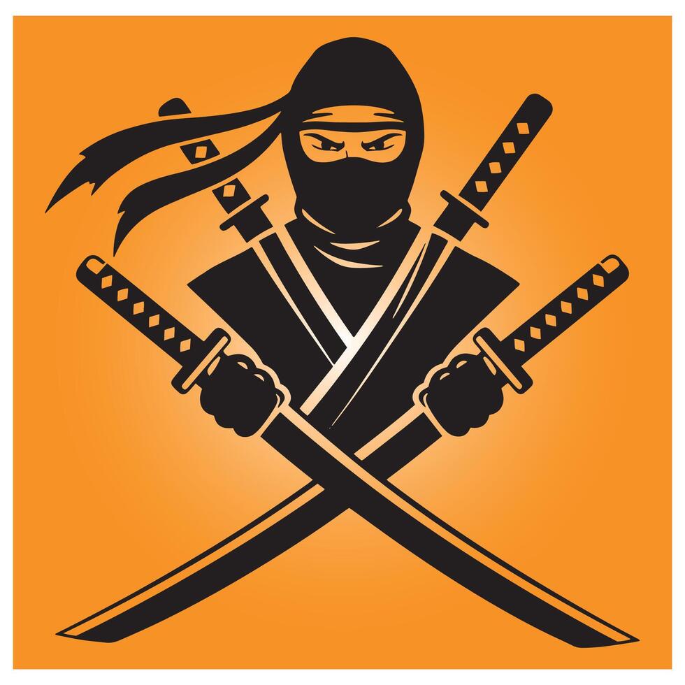 Silhouette of a ninja character with crossed swords against an orange background vector