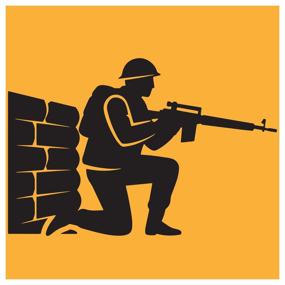 Silhouette of a kneeling soldier aiming rifle behind a brick wall on yellow background vector