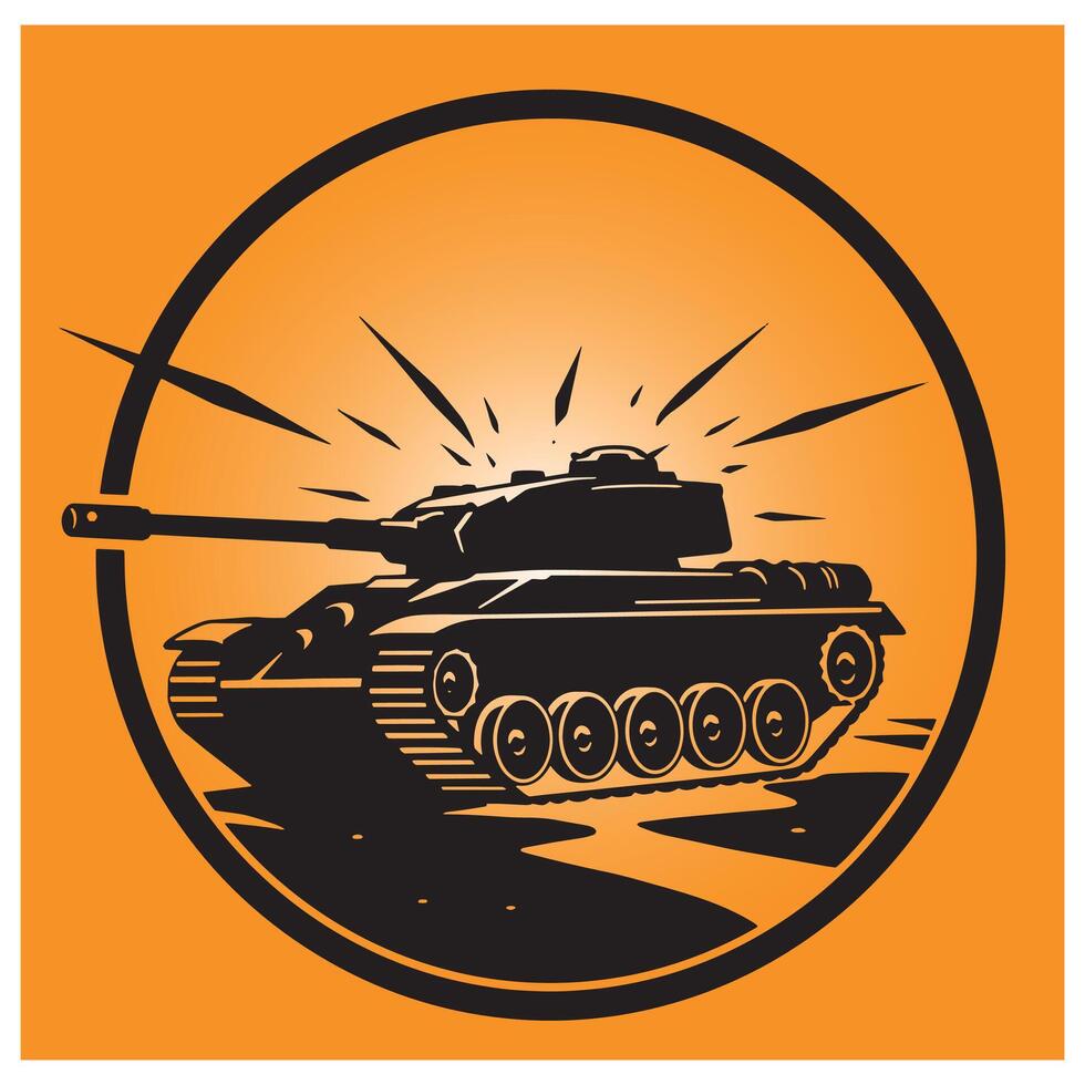 Silhouette of a military tank in a circle with explosive light on an orange background vector