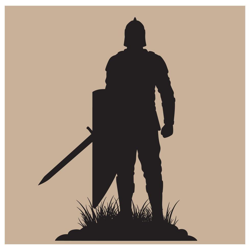 Silhouette of a medieval knight standing ready with sword and shield on a brown background vector
