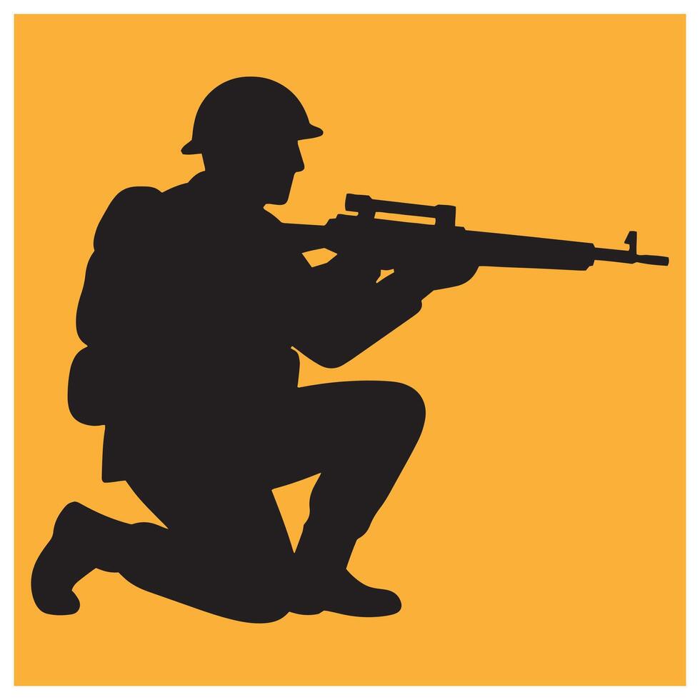 Silhouette of a soldier kneeling and aiming rifle against an orange background vector