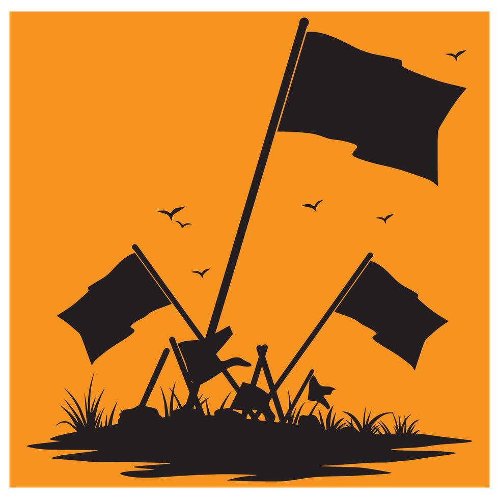 Silhouette of black flags in a field with flying birds against an orange background vector