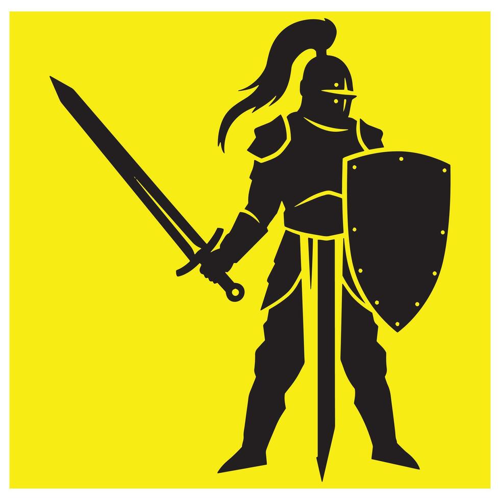 Silhouette of a knight standing with sword and shield on a bright yellow background vector
