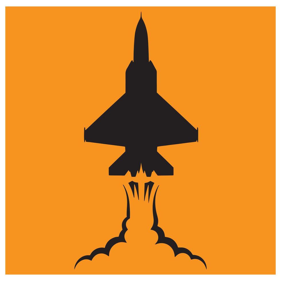 Silhouette of a military jet taking off with clouds on an orange background vector