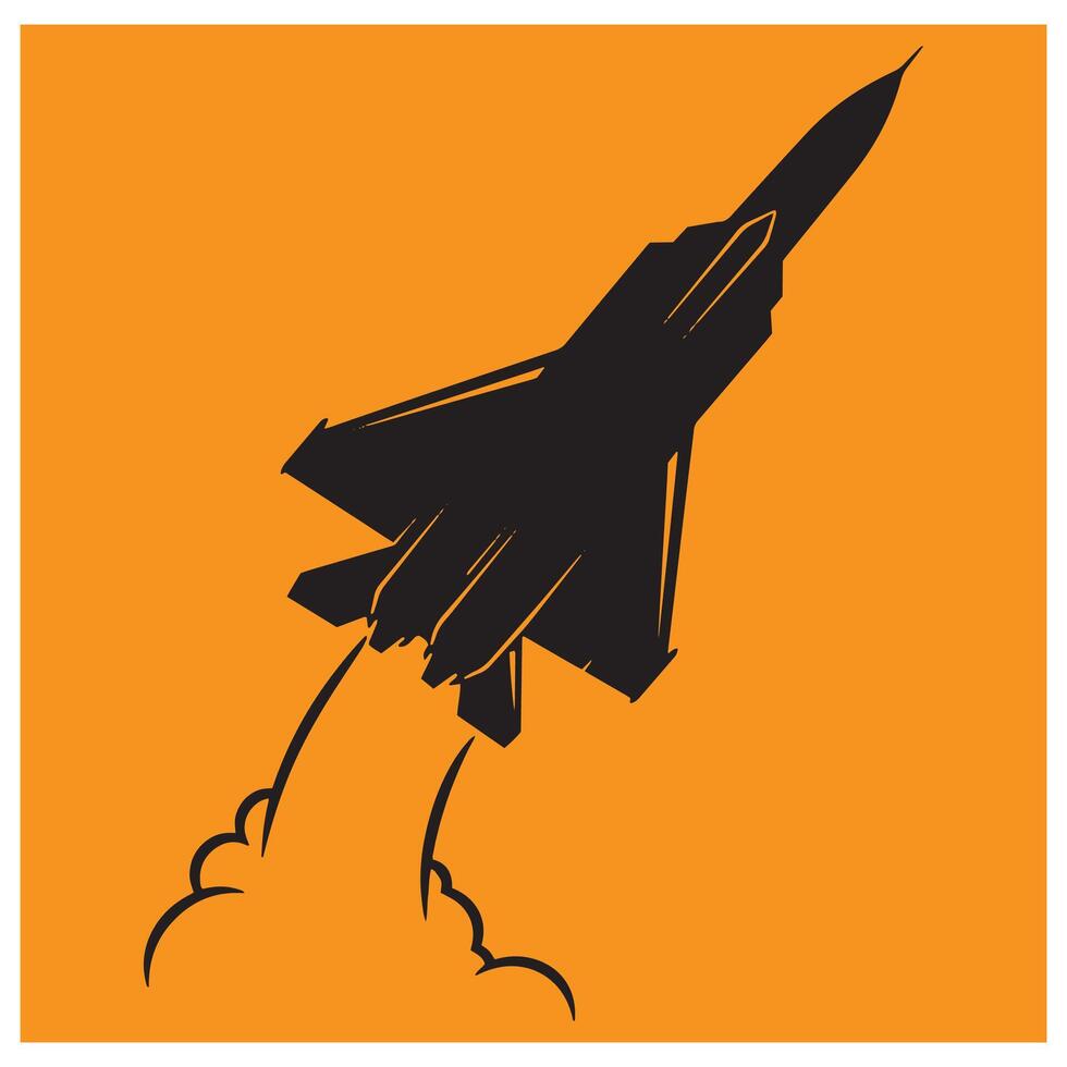 Silhouette of a jet fighter ascending against a bold orange background vector