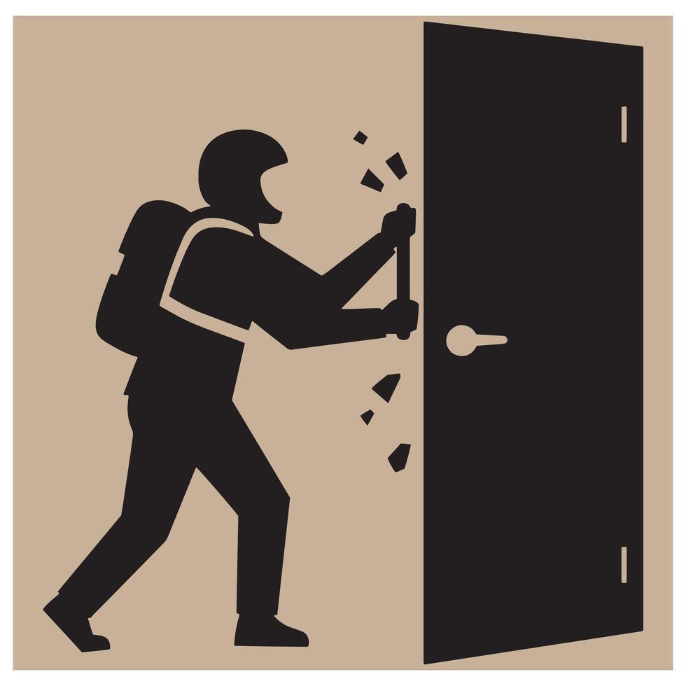 Person breaking down a door with a hammer in a minimalist black and white illustration vector