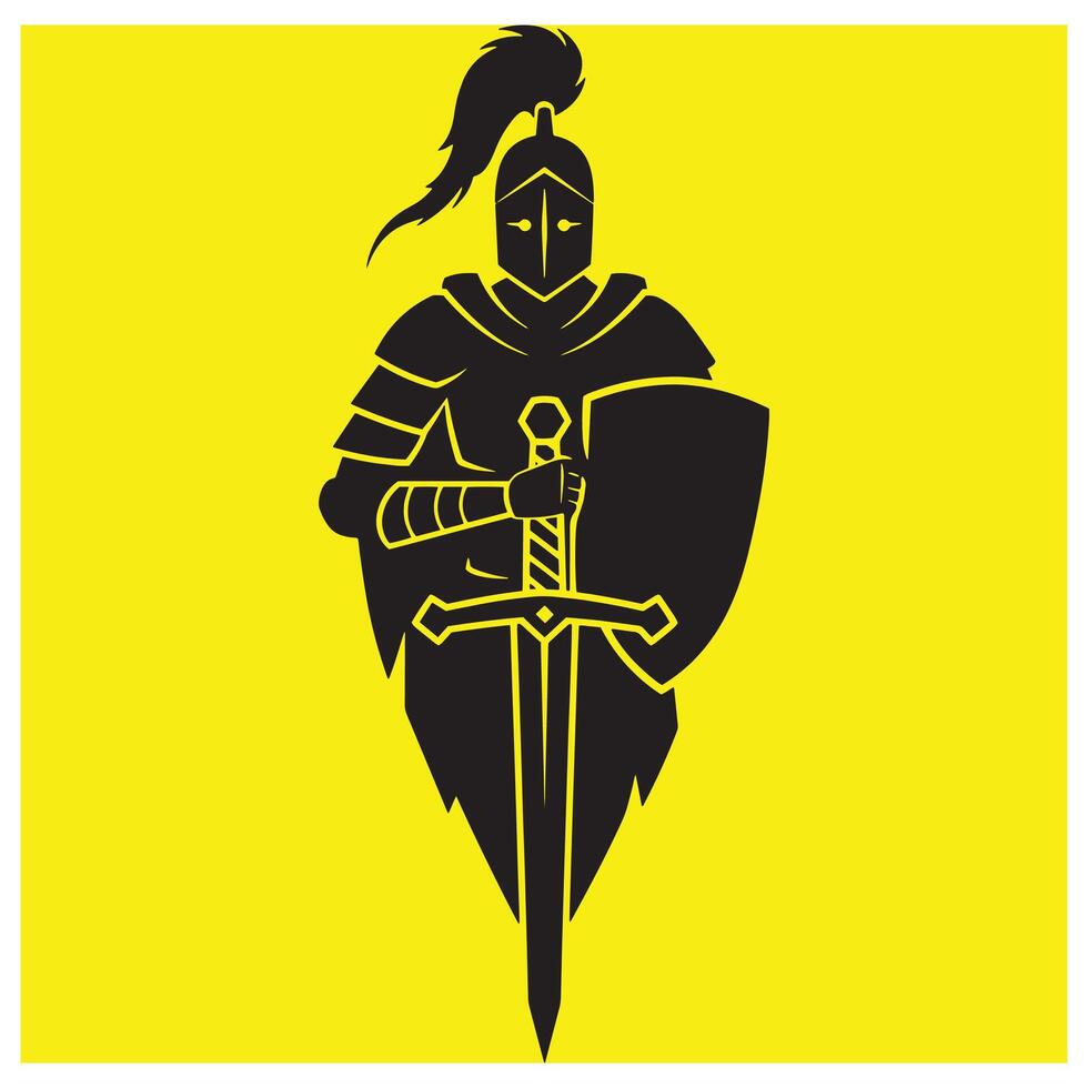 Silhouette of a knight in full armor holding sword and shield on a yellow background vector