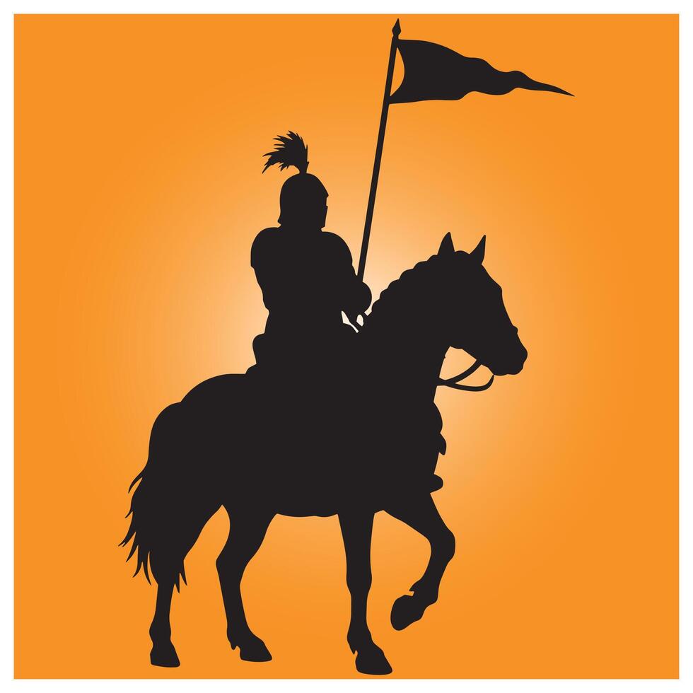 Silhouette of a medieval knight on horseback holding a flag against an orange background vector