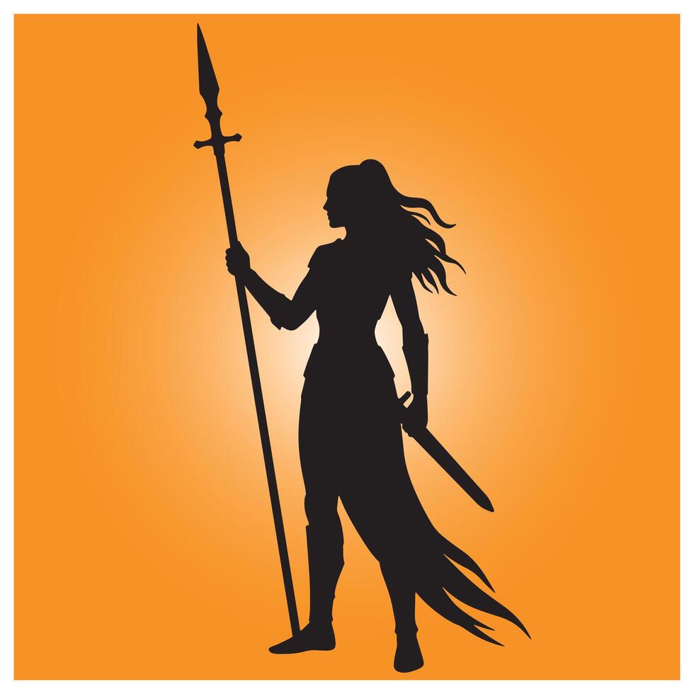 Silhouette of a female warrior holding a spear and sword with orange background vector