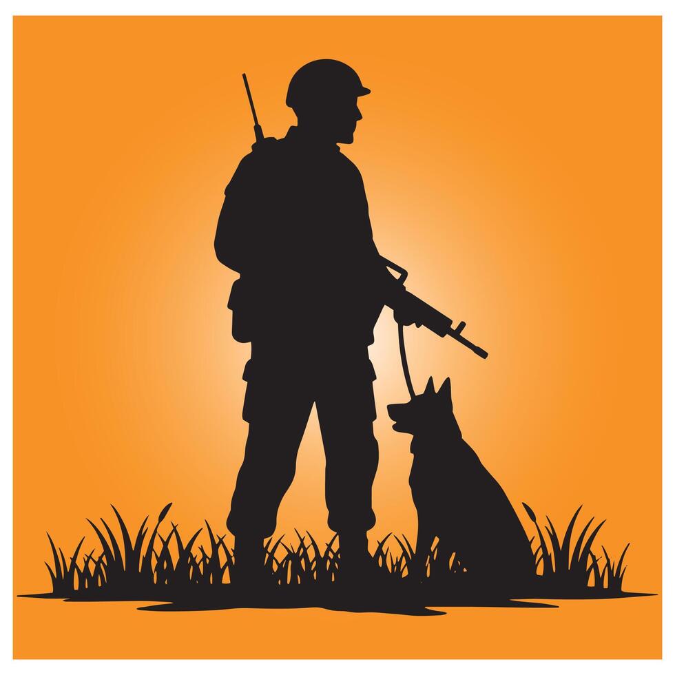 Silhouette of a soldier with a military working dog against an orange background vector