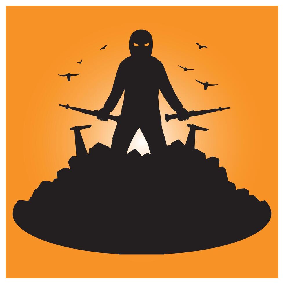 Silhouette of armed figure standing on rubble under birds with orange background vector