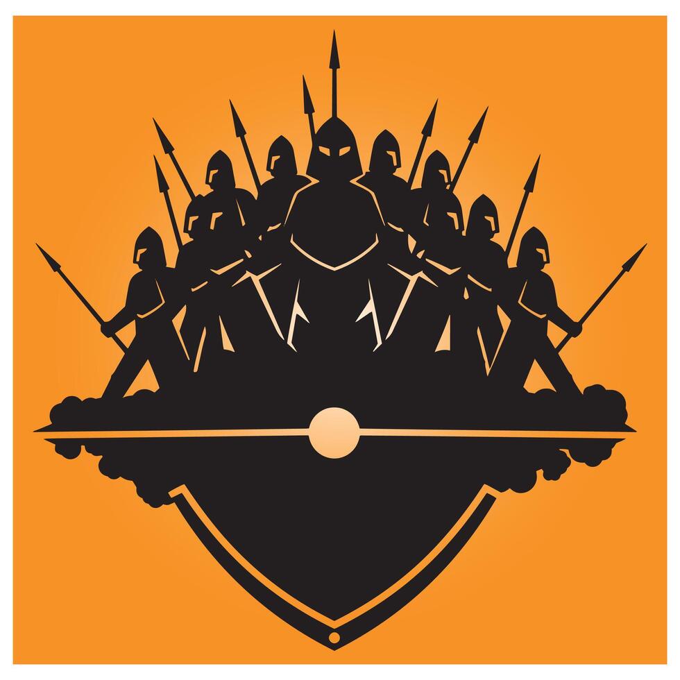 Silhouette of an ancient roman legion guarded in formation ready to battle on orange background vector