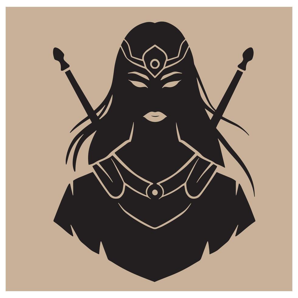 Silhouetted warrior queen with swords and headdress depicted in bold black and beige colors vector