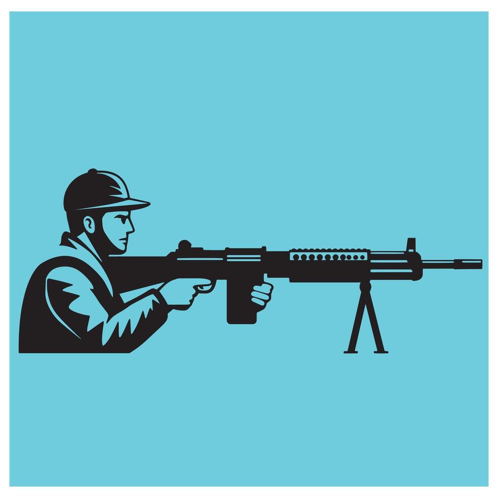Silhouette of a soldier holding a rifle aiming at a target during a combat situation vector