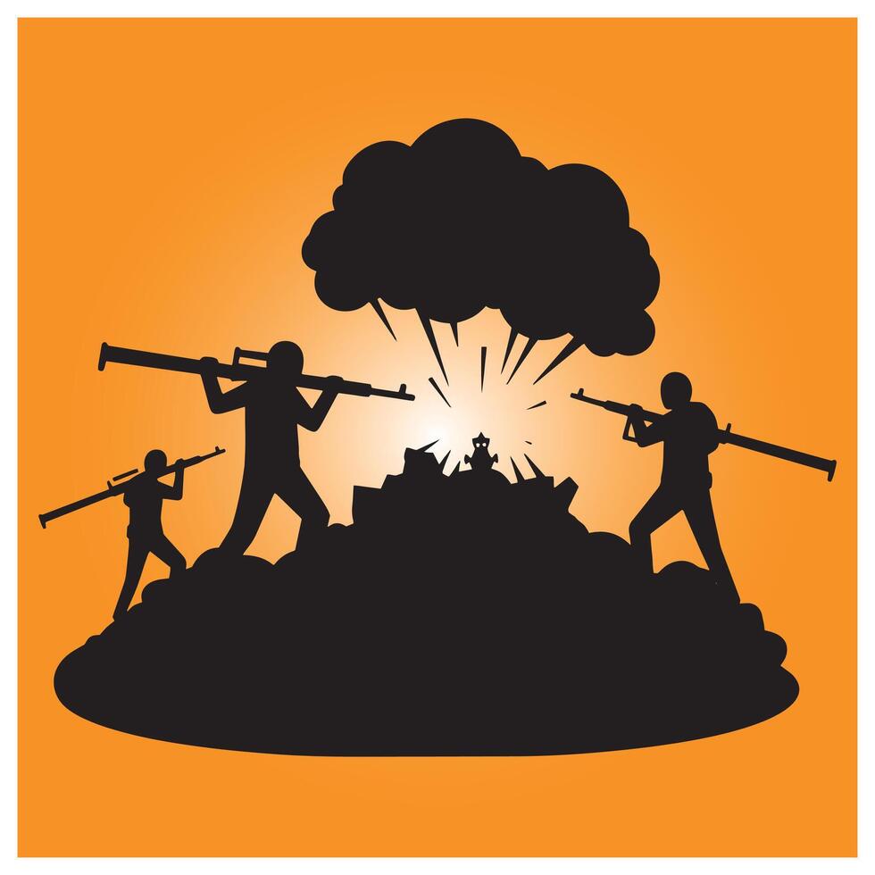 Silhouette of soldiers in a war scene with explosions and battlegrounds elements vector