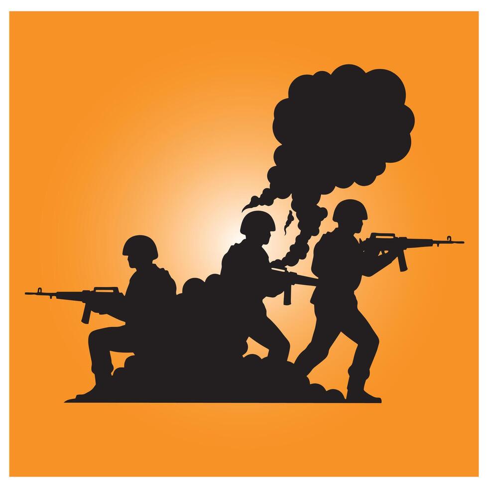 Silhouette of soldiers in action with smoke and orange background depicting conflict vector
