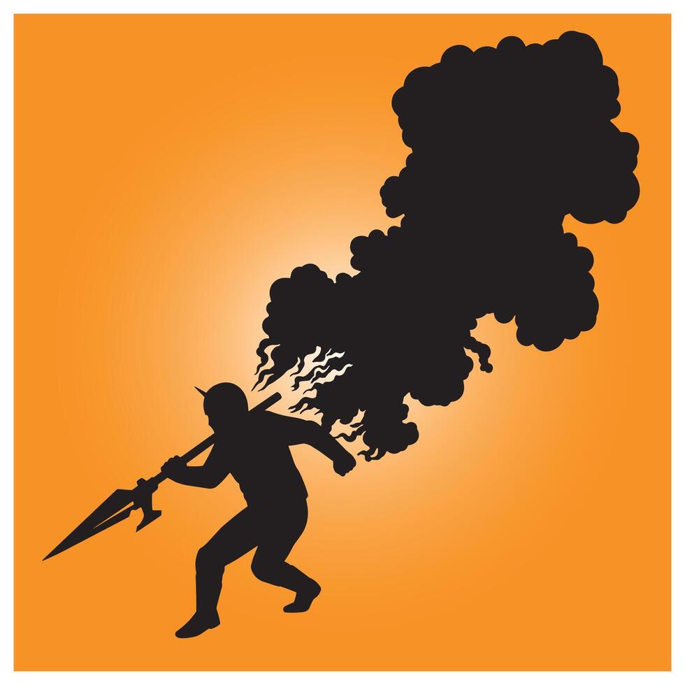 Silhouette of a warrior holding a spear with a cloud of black smoke in a illustration vector