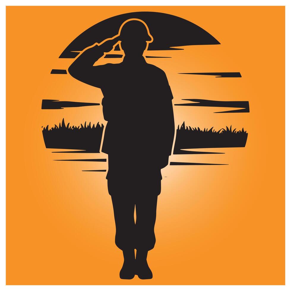 Silhouette of a respectful soldier saluting against a sunset background depicting honor and sacrifice vector