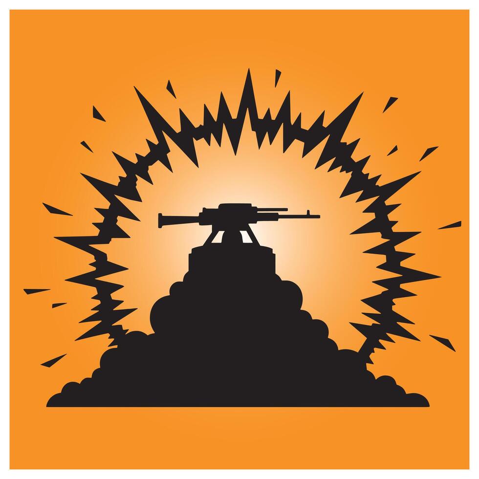Silhouette of a machine gun and explosion on an orange background ready for war vector