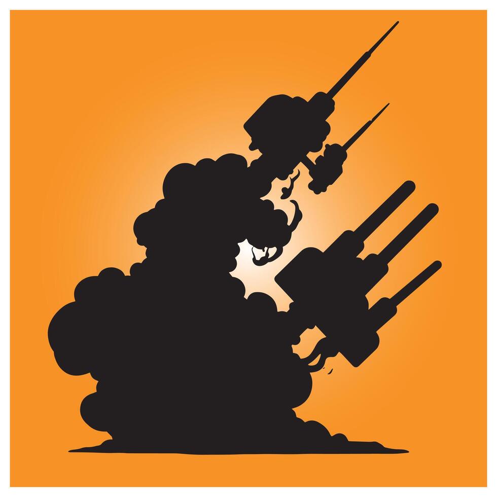 Abstract silhouette of warship turrets with smoke against orange background vector