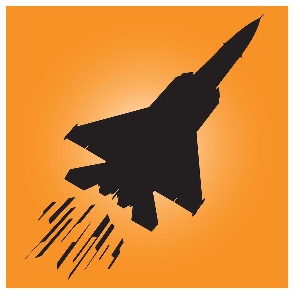 Black silhouette of a modern jet fighter ascending against a warm orange backdrop vector