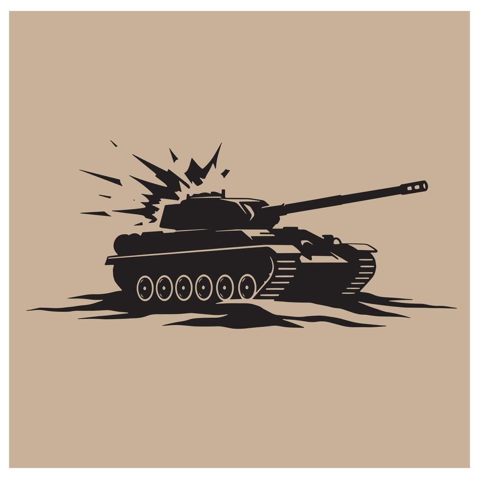 Silhouette of a military tank showing explosion from impact on a tan background vector