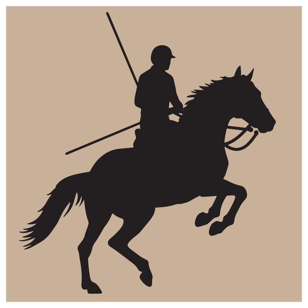 Silhouette of a polo player on a rearing horse against a beige background vector