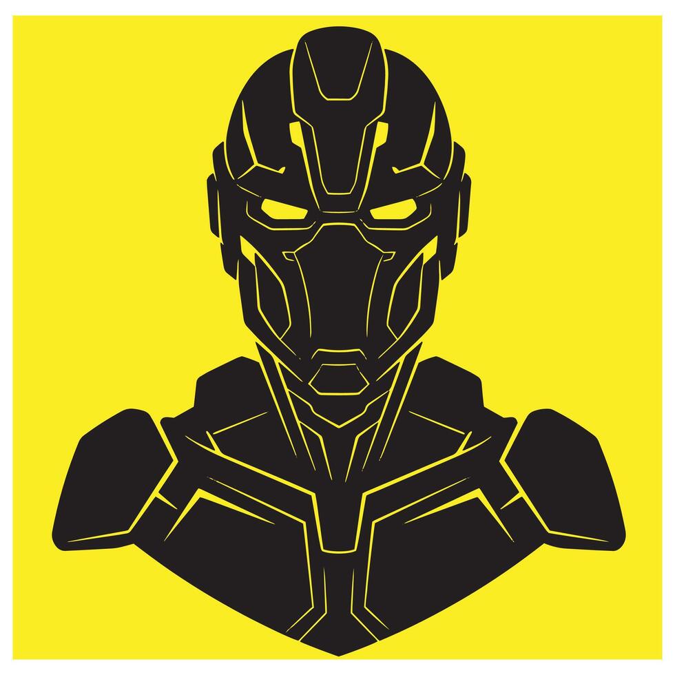 Stylized black robot face with yellow glowing eyes and yellow background portrait vector