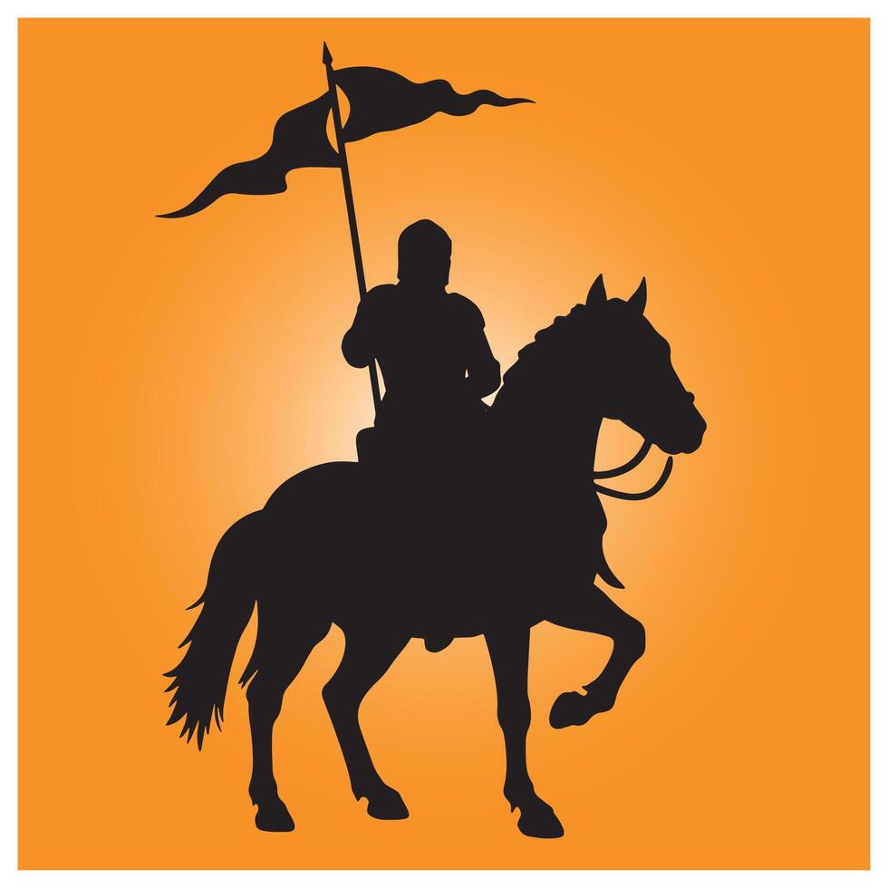 Silhouette of a knight riding a horse holding a flag against a gradient orange background vector