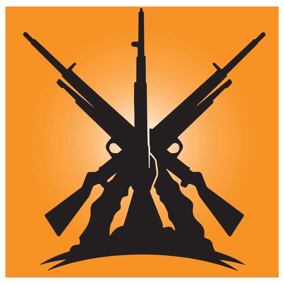 Silhouette of crossed rifles against an orange background symbolic of military or hunting vector
