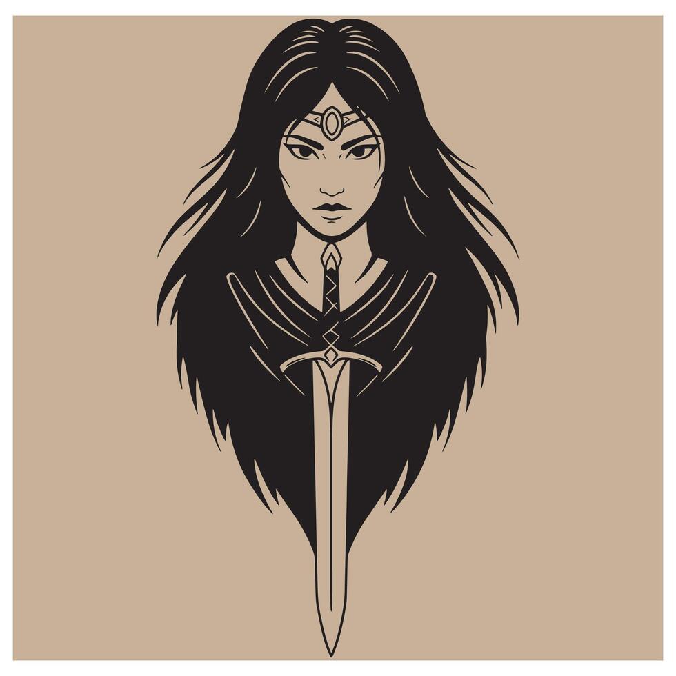 Powerful female warrior with long flowing hair and a sword in elegant black illustration vector