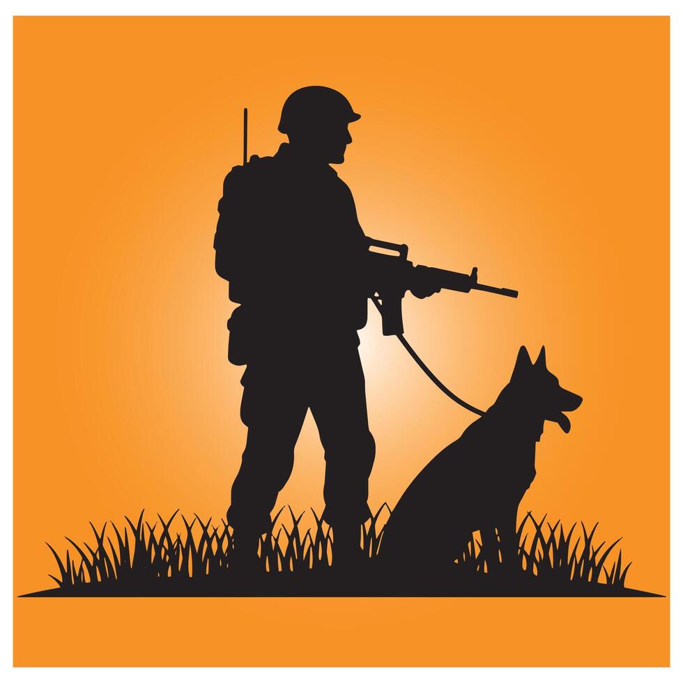 Silhouette illustration of soldier and military working dog on orange background vector