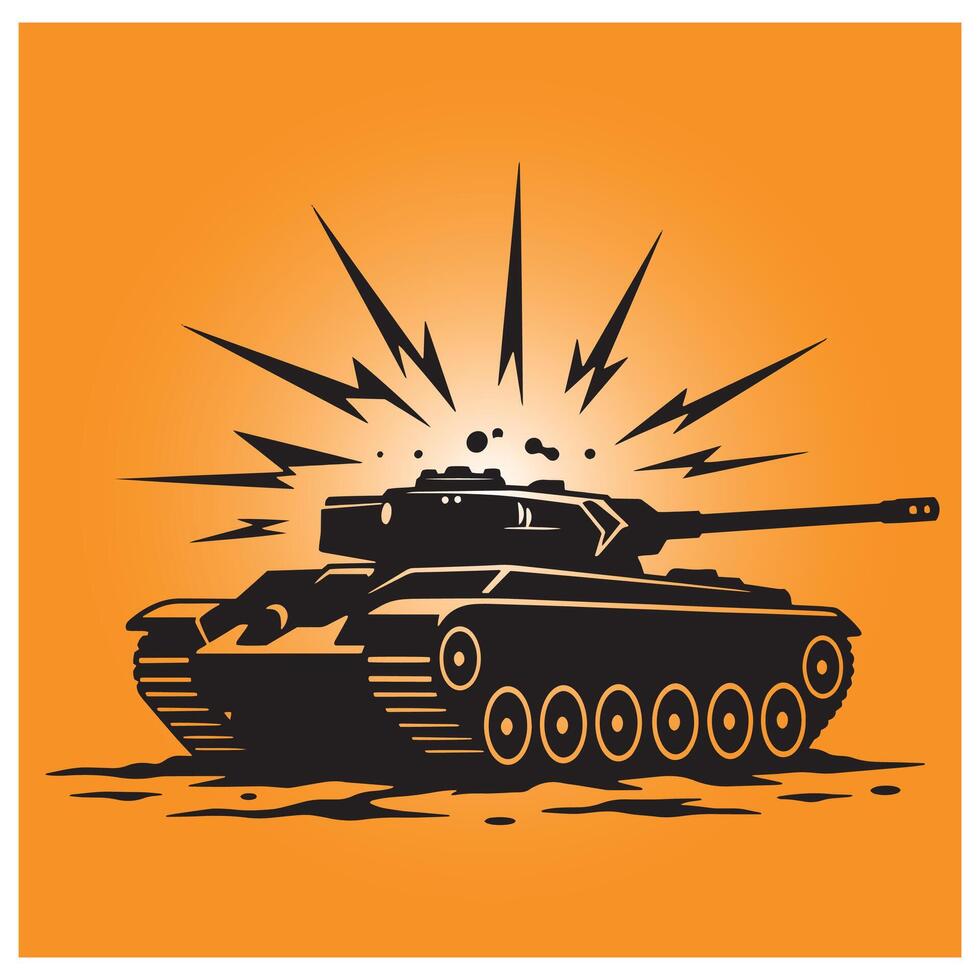 Silhouette of a combat tank with explosive impact and orange background illustration vector