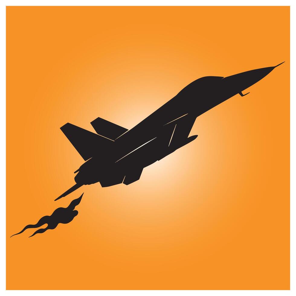 Silhouette of a jet fighter flying against a gradient orange background vector