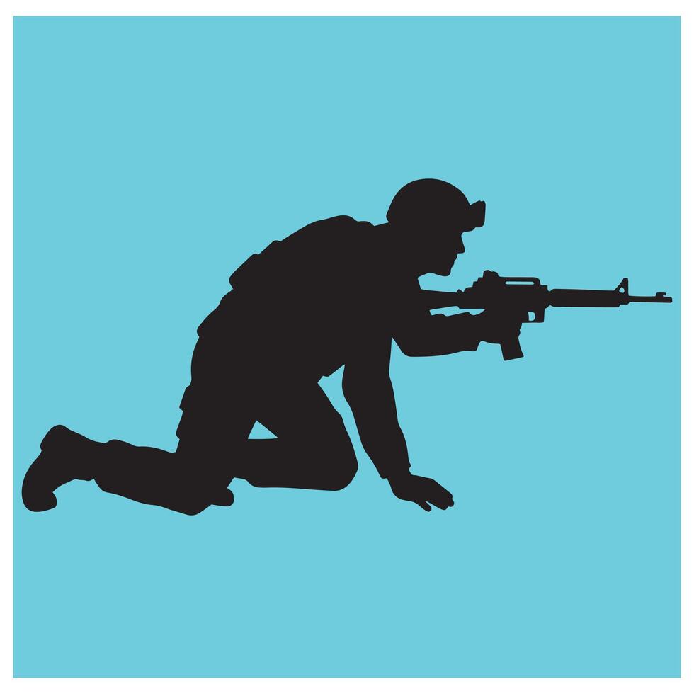Silhouette of a kneeling soldier aiming weapon on a light blue background vector