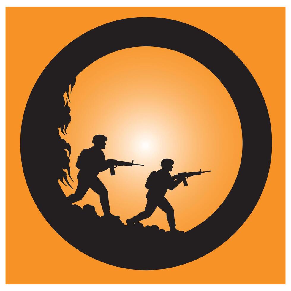 Silhouette of two soldiers running with rifles inside a circular illustration vector