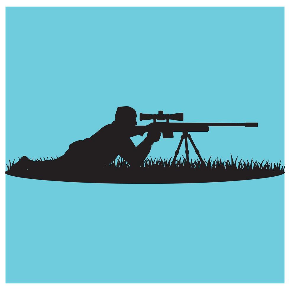 Silhouette of a sniper aiming a rifle lying in grass on a sky blue background vector
