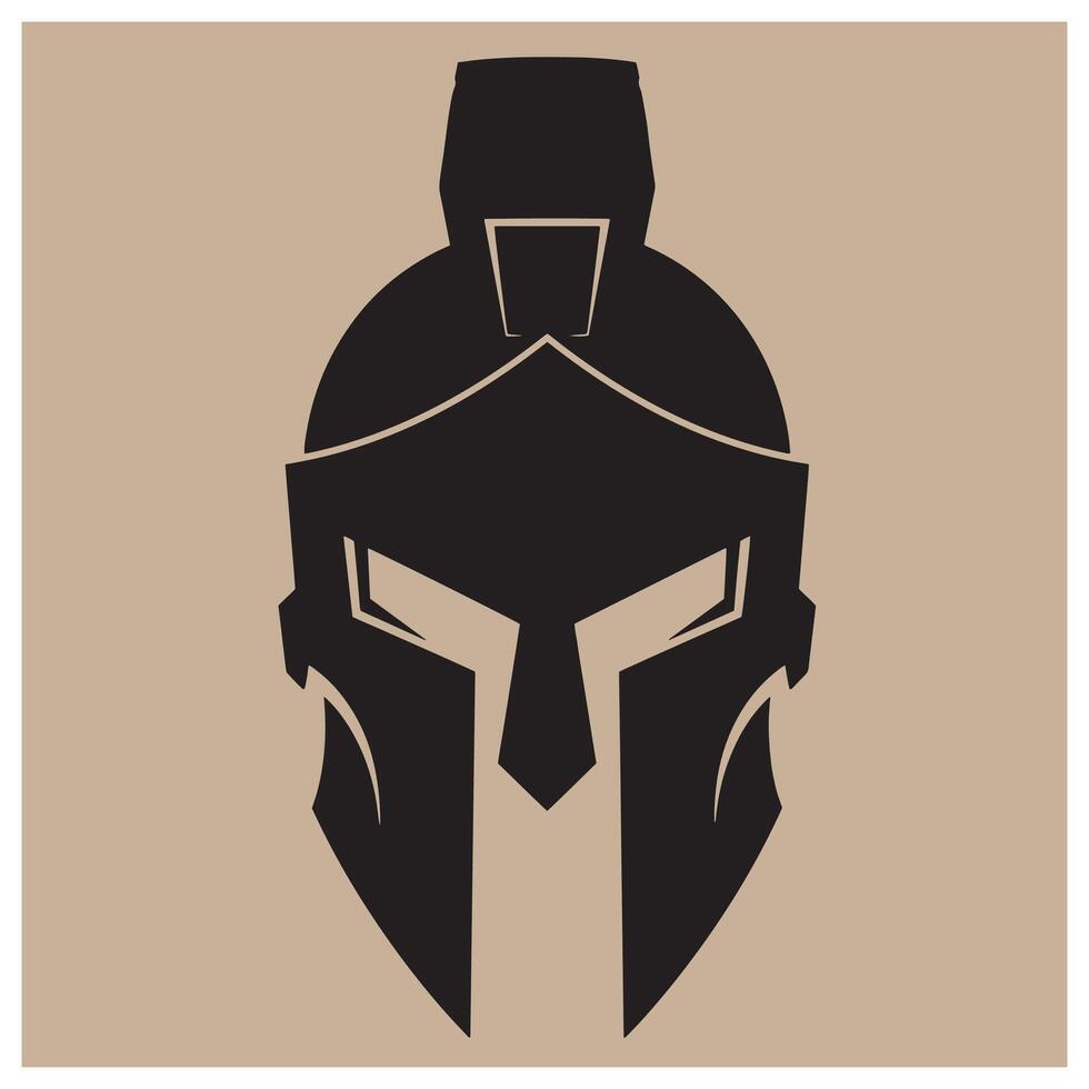 Spartan helmet silhouette in black with detailed design on a neutral tan background vector