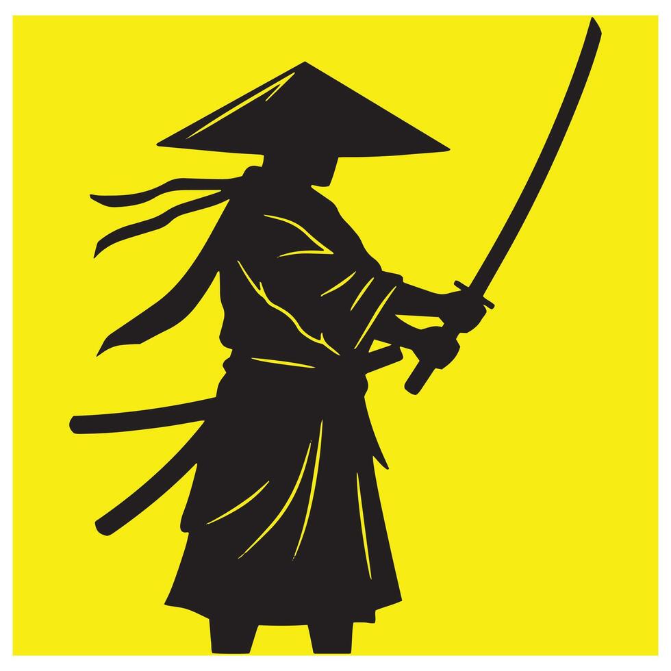 Silhouette of a samurai with katana sword in traditional japanese attire on yellow background vector