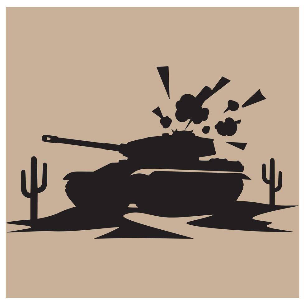 Silhouette of a firing tank in a desert landscape with cactus plants and explosion details vector