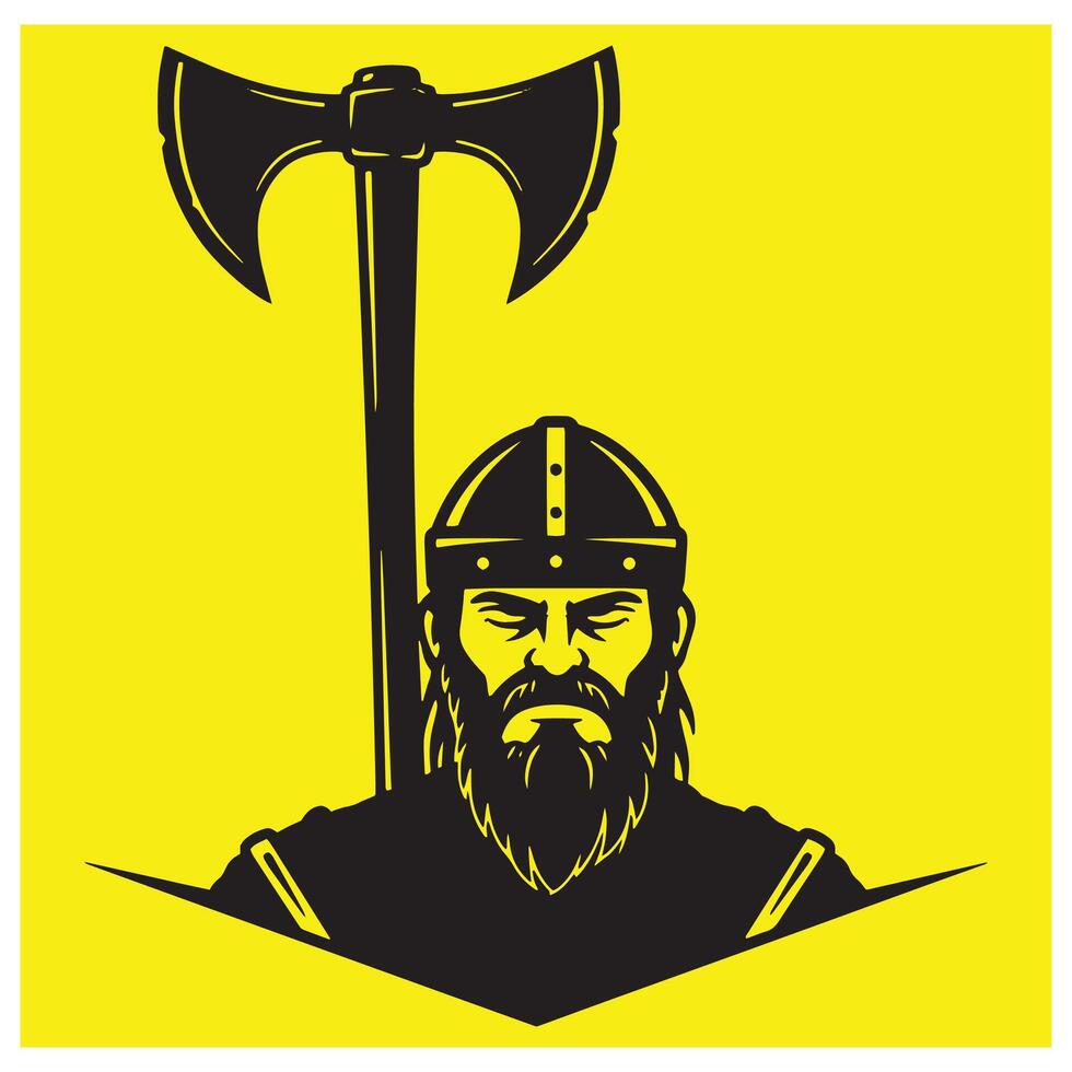illustration of a viking warrior with battle axe and helmet on yellow background vector