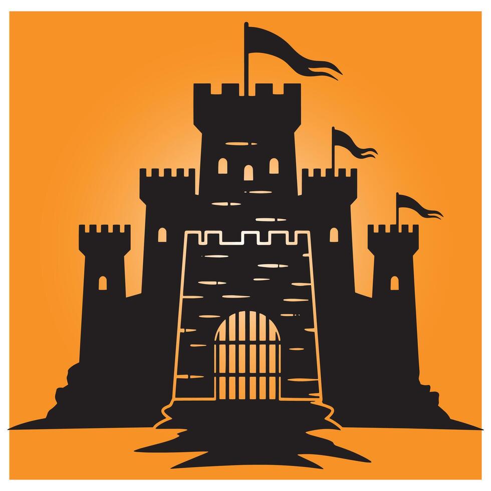 Silhouette of a medieval castle with flying flags and an orange gradient background vector